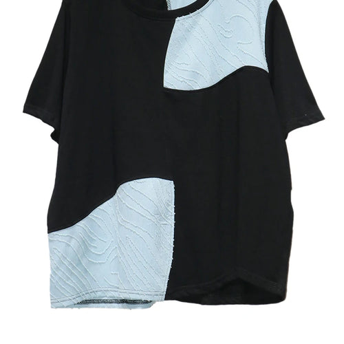 Load image into Gallery viewer, Women Black Color-block Textured Big Size T-shirt New Round Neck Short Sleeve Fashion Tide Spring Summer 2025 1DJ1220
