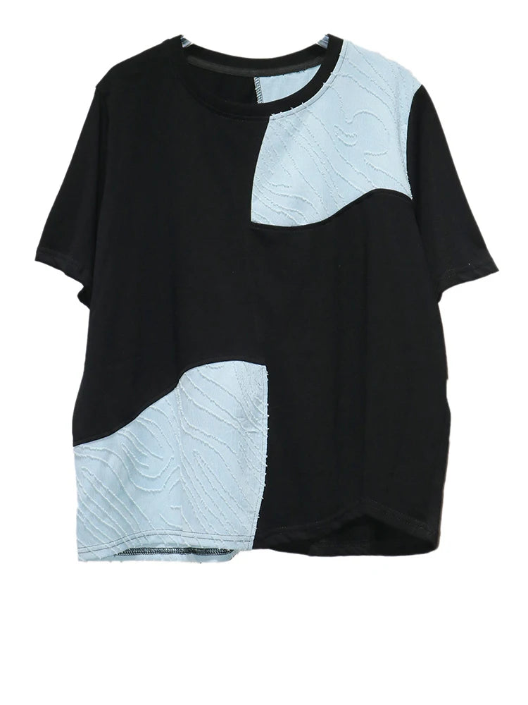 Women Black Color-block Textured Big Size T-shirt New Round Neck Short Sleeve Fashion Tide Spring Summer 2025 1DJ1220