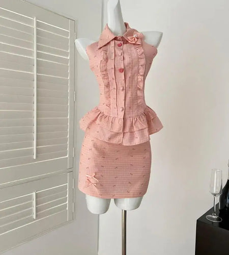 Summer Women Vintage Pink Button Sexy Off Shoulder Ruffles Sleeveless Short Tops High Waist Short Skirt 2025 Two-piece Set Trend