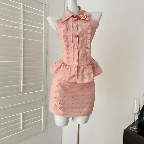 Load image into Gallery viewer, Summer Women Vintage Pink Button Sexy Off Shoulder Ruffles Sleeveless Short Tops High Waist Short Skirt 2025 Two-piece Set Trend
