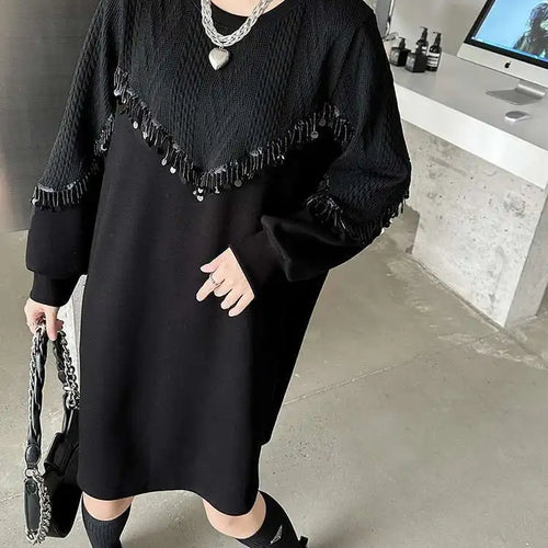 Load image into Gallery viewer, Women Black Sequins Big Size Knee-Length Casual Dress New Round Neck Long Sleeve Fashion Tide Spring Autumn 2025 1DH8736
