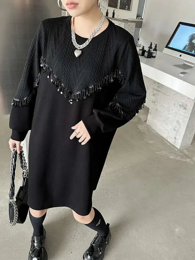 Women Black Sequins Big Size Knee-Length Casual Dress New Round Neck Long Sleeve Fashion Tide Spring Autumn 2025 1DH8736