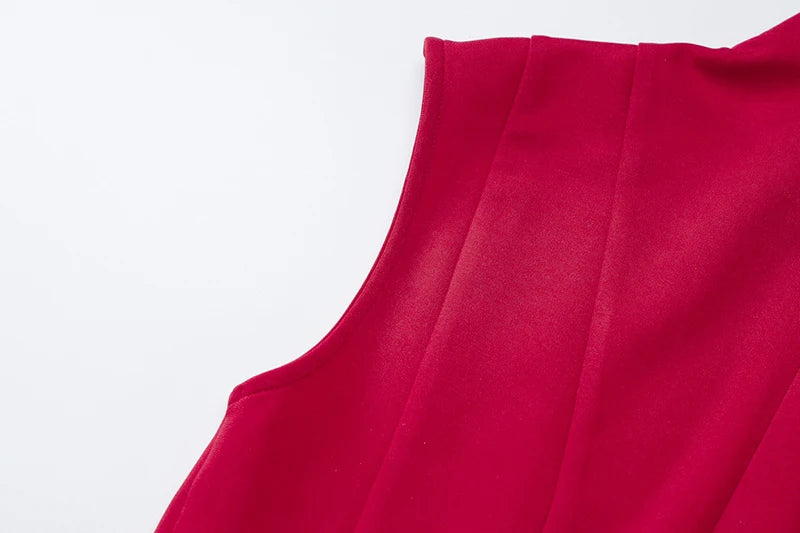 Half High Collar Sleeveless Sexy Mini Dress For Women Fashion Solid Red High Waist A-line Club Pleated Sexy Dress