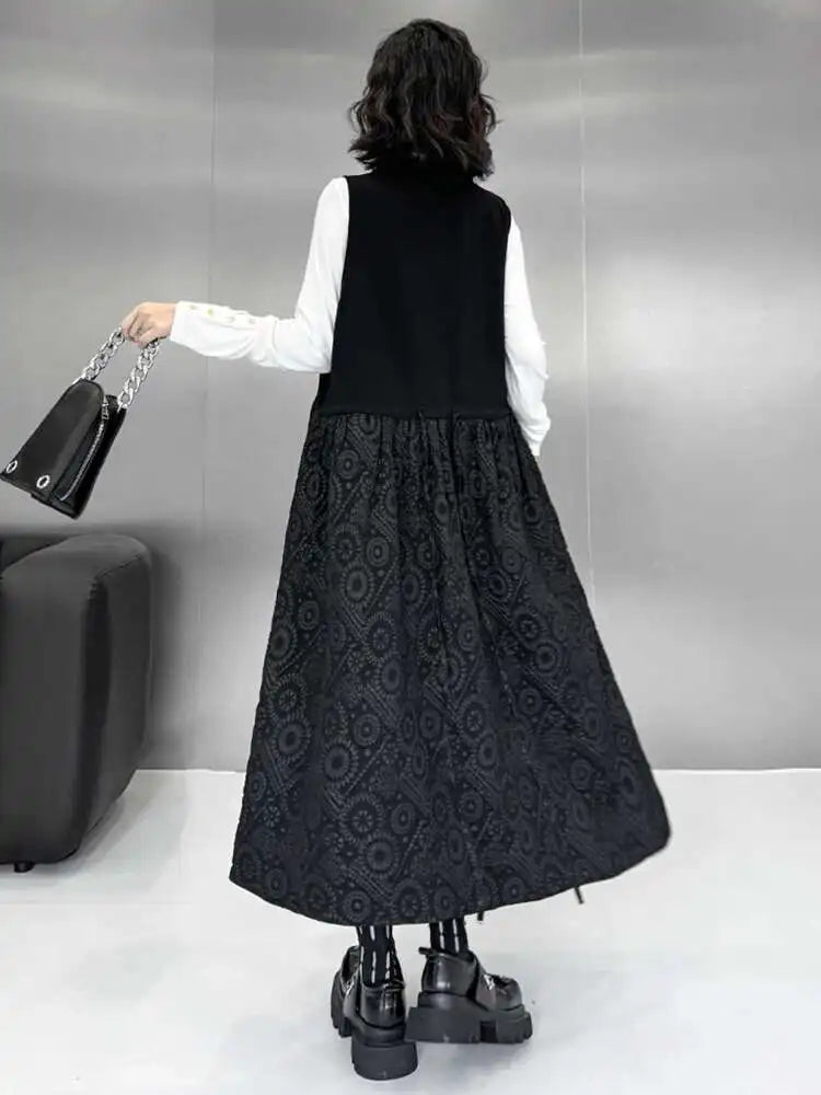 Women Black Pattern Textured Big Size Midi Vest Dress New V-Neck Sleeveless Fashion Tide Spring Autumn 2025 1DH8441