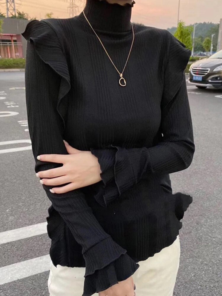 Solid Slimming Knitting Sweaters For Women Turtleneck Flare Sleeve Pullover Minimalist Sweater Female Fashion