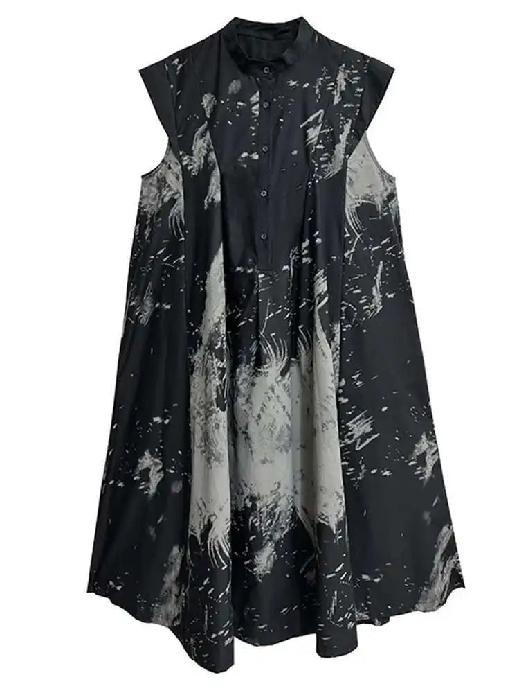 Women Black Pattern Printed Big Size Midi Shirt Dress New Stand Collar Sleeveless Fashion Tide Spring Summer 2025 1DH5837