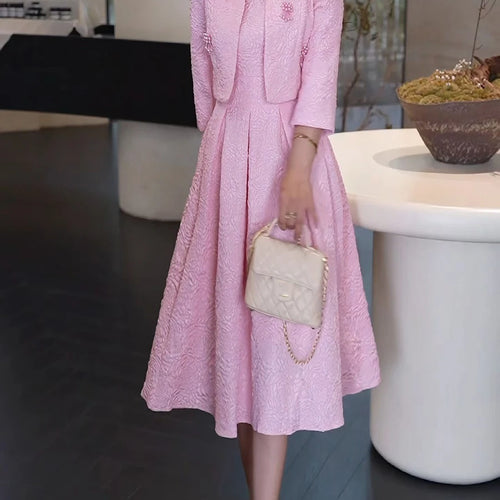 Load image into Gallery viewer, Elegant Two Piece Sets for Women Round Neck Long Sleeves Spliced Bead Jacket O Neck Patchwork Folds Dress Set Female
