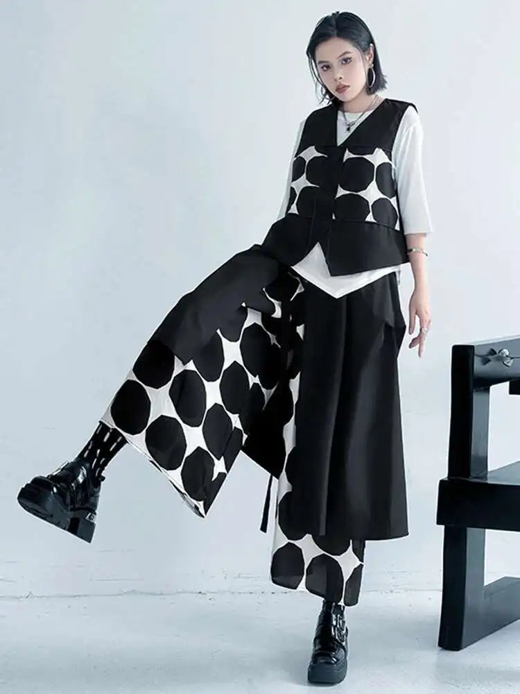 Big Size Black Dot Vest Wide Leg Pants Two Piece Suit New V-Neck Sleeveless Women Fashion Tide Spring Autumn 2025 1DJ1039