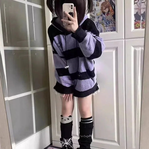 Load image into Gallery viewer, Streetwear Contrast Color Stripe Grunge Sweaters Y2k Aesthetic Loose Casual Pullovers Women Drawstring Hooded Harajuku Jumpers
