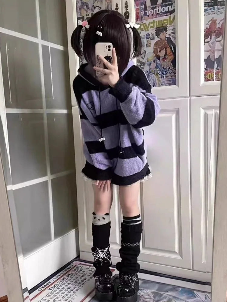 Streetwear Contrast Color Stripe Grunge Sweaters Y2k Aesthetic Loose Casual Pullovers Women Drawstring Hooded Harajuku Jumpers