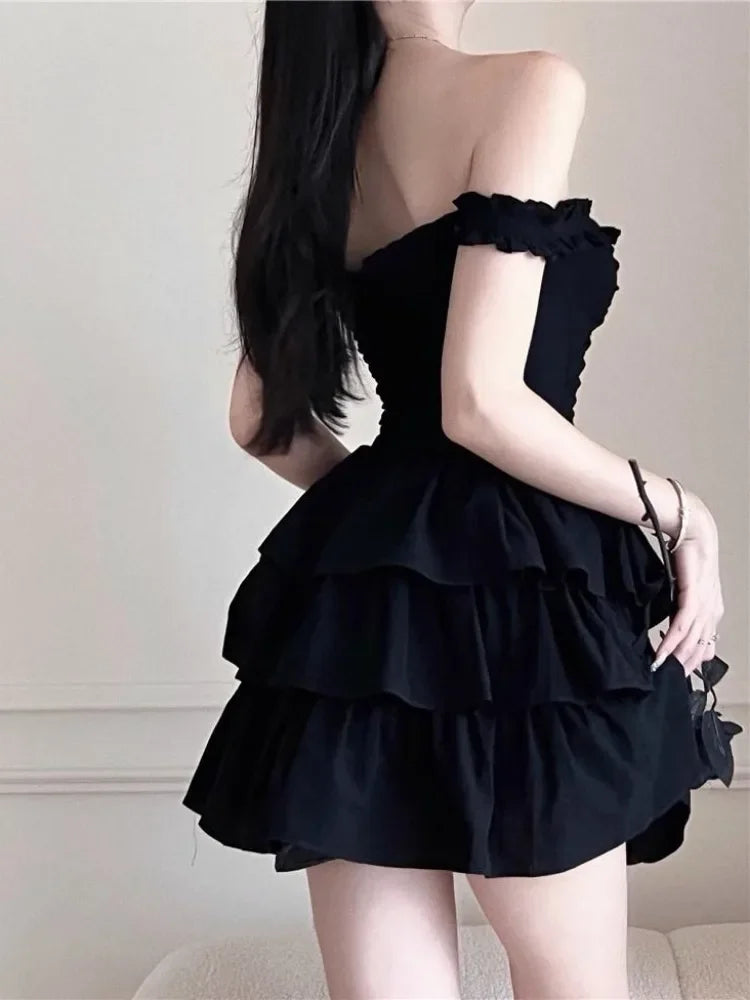 Gothic Lolita Kawaii Slip Dress Soft Girl Goth Harajuku Off Shoulder Backless Sexy Black Ruffles Party Dresses Y2k