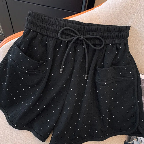 Load image into Gallery viewer, New Black White Diamond Shorts For Women Spring Summer Fashion Elastic Waist Drawstring Lace-up A-line Wide Leg Short Pant
