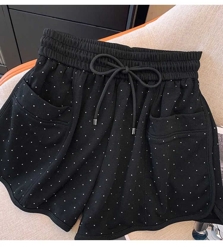 New Black White Diamond Shorts For Women Spring Summer Fashion Elastic Waist Drawstring Lace-up A-line Wide Leg Short Pant