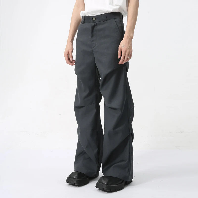 Men's Casual Suit Pants American Style Pleated Mopping Design Solid Color Zipper Opening Versatile Trendy Trousers 9C5821