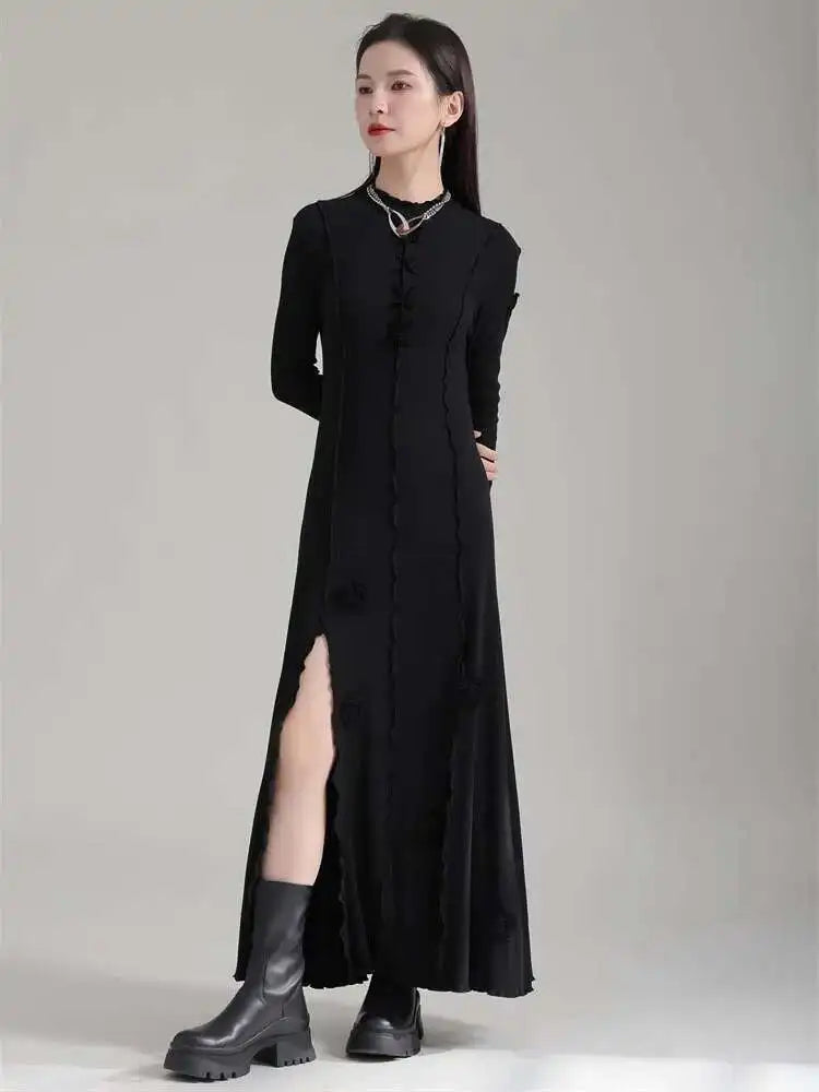Women Black Flower Elegant Slit Long Dress New Turtleneck Long Sleeve Loose Fit Fashion Tide Spring Autumn 2025 1DH1870