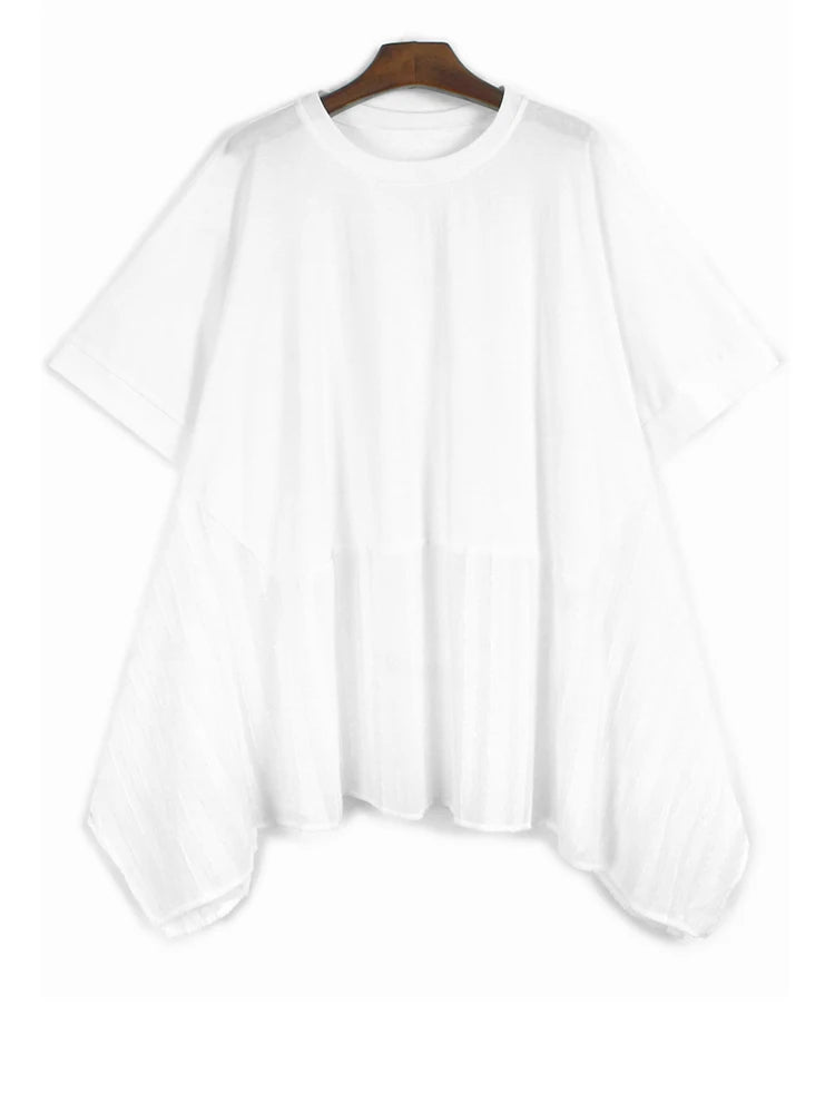 Women Gray White Color-block Irregular Big Size T-shirt New Round Neck Short Sleeve Fashion Spring Summer 2025 1DJ1583