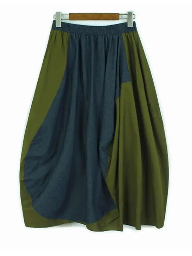 High Elastic Waist Green Denim Color-block A-line Half-body Skirt Women Fashion Tide New Spring Autumn 2025 1DJ0583