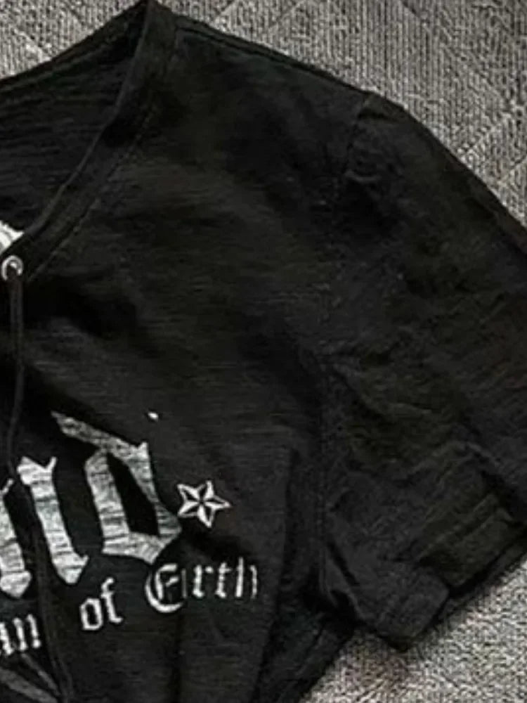 Korean Y2k Aesthetics Fake Two Pieces Bandage T-shirt Streetwear Letter Printing Fairy Grunge Tshirt Harajuku Lace Patchwork Top