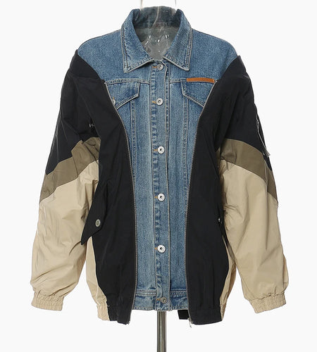 Loose Fit Blue Denim Color-block Big Size Jacket New Lapel Long Sleeve Women Coat Fashion Tide Spring Autumn 2025 1DF1519