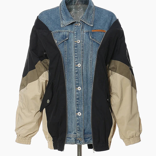 Load image into Gallery viewer, Loose Fit Blue Denim Color-block Big Size Jacket New Lapel Long Sleeve Women Coat Fashion Tide Spring Autumn 2025 1DF1519
