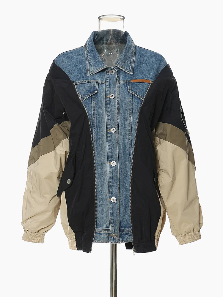 Loose Fit Blue Denim Color-block Big Size Jacket New Lapel Long Sleeve Women Coat Fashion Tide Spring Autumn 2025 1DF1519
