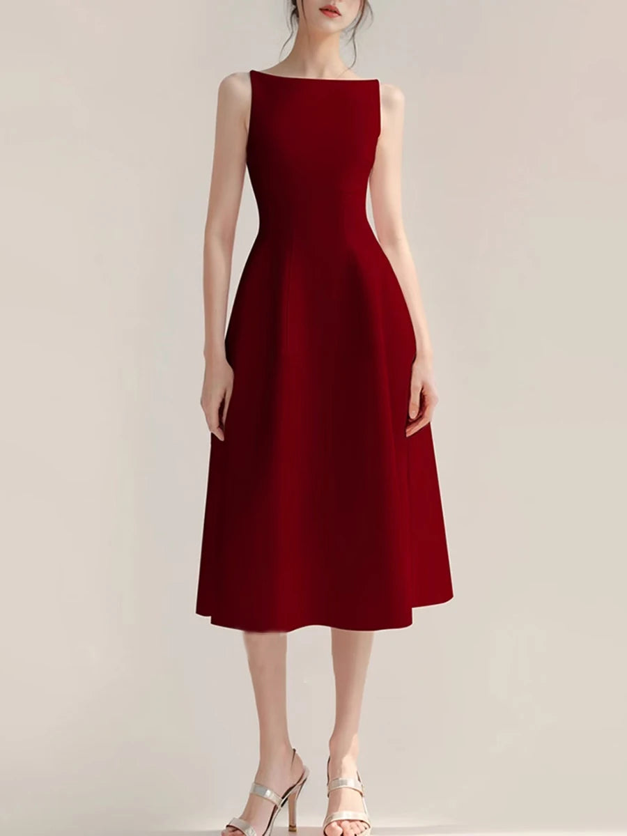 Solid Slimming Spliced Pockets Minimalist Dresses for Women Round Neck Sleeveless High Waist Elegant Dress Female