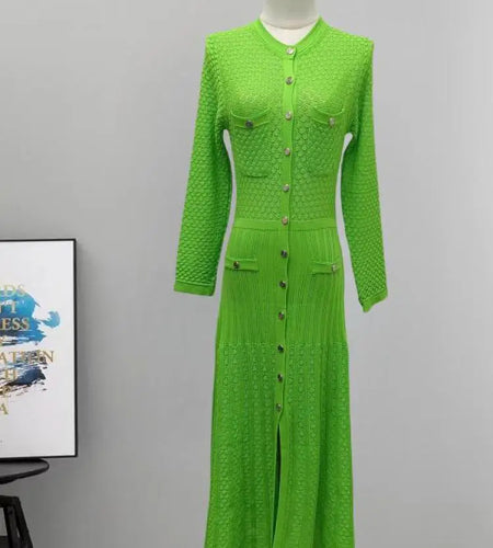 Autumn Winter Black White Single Breasted Casual Sweater Dress Green Elegant Office Women's Temperament Long Sleeve Knit Dresses