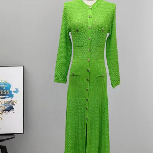 Load image into Gallery viewer, Autumn Winter Black White Single Breasted Casual Sweater Dress Green Elegant Office Women's Temperament Long Sleeve Knit Dresses
