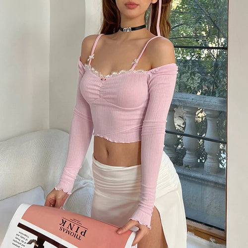 Load image into Gallery viewer, Sweet Pink Frill Bow Women T-shirts Spring Slim Folds Lace Cutecore Crop Tops Korean Coquette Clothes Girls Y2K Tees
