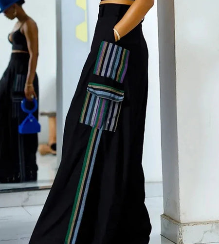 Split-joint Female Loose Wide Leg Trousers Summer Spring Striped High Waisted Pants with Pockets for Women