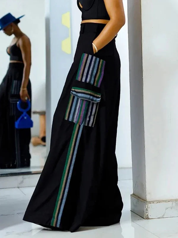 Split-joint Female Loose Wide Leg Trousers Summer Spring Striped High Waisted Pants with Pockets for Women