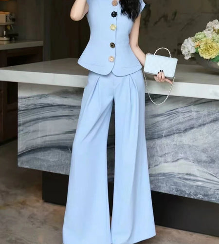 Slimming Two Piece Sets for Women Round Neck Sleeveless Spliced Buttons Top High Waist Wide Leg Pant Set Female New