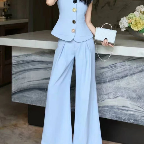 Load image into Gallery viewer, Slimming Two Piece Sets for Women Round Neck Sleeveless Spliced Buttons Top High Waist Wide Leg Pant Set Female New
