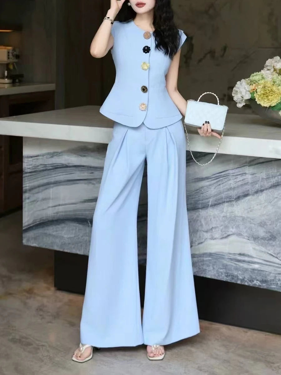 Slimming Two Piece Sets for Women Round Neck Sleeveless Spliced Buttons Top High Waist Wide Leg Pant Set Female New