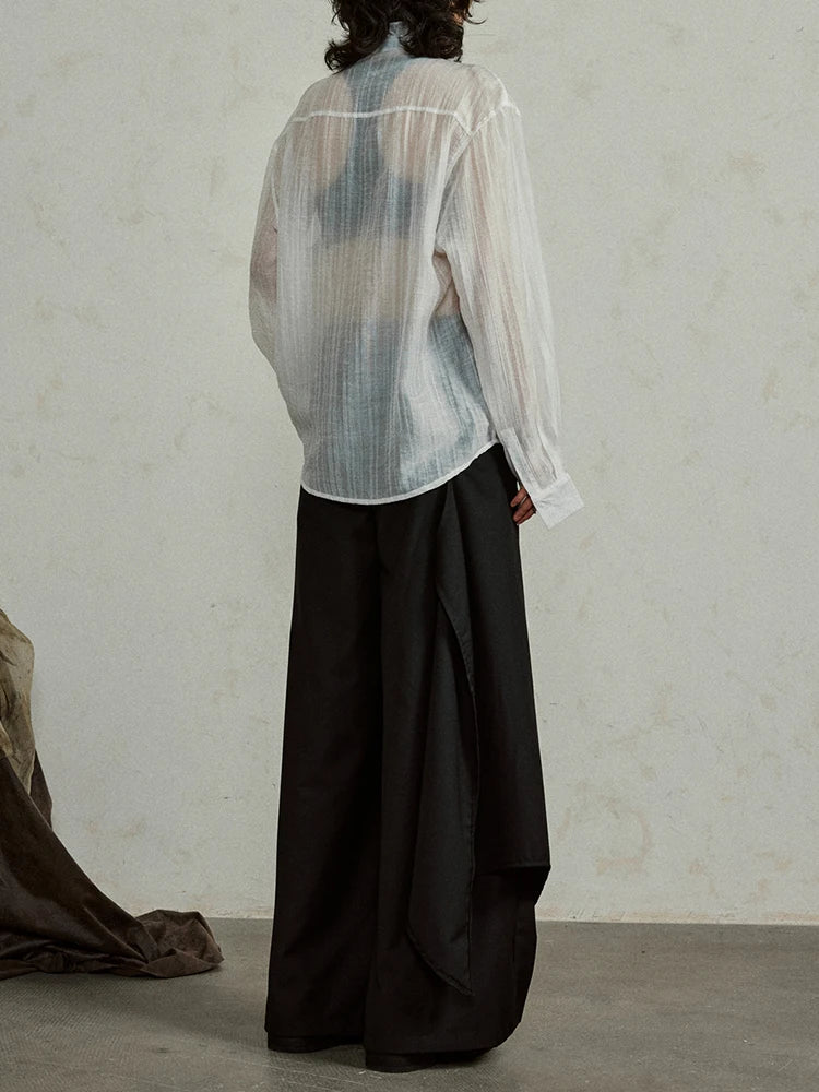 Women White Thin Perspective Big Size Blouse New Stand Collar Long Sleeve Shirt Fashion Tide Spring Autumn 2025 1DJ0350