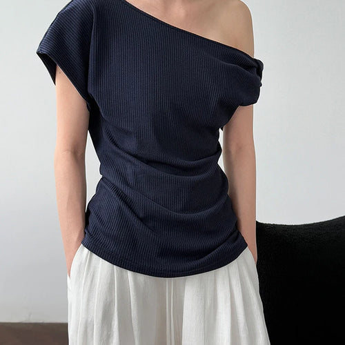 Load image into Gallery viewer, Women Navy Blue Gray Knot Irregular Elegant T-shirt New Skew Collar Sleeve Fashion Tide Spring Summer 2025 1DJ1968
