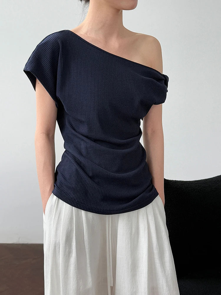 Women Navy Blue Gray Knot Irregular Elegant T-shirt New Skew Collar Sleeve Fashion Tide Spring Summer 2025 1DJ1968