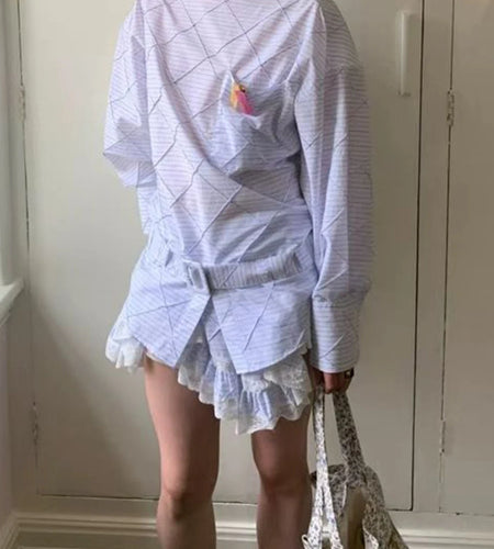 Spliced Striped Two Piece Sets for Women O Neck Long Sleeves Top High Wasit Pstchwork Lace Skirt Fashion Set Female