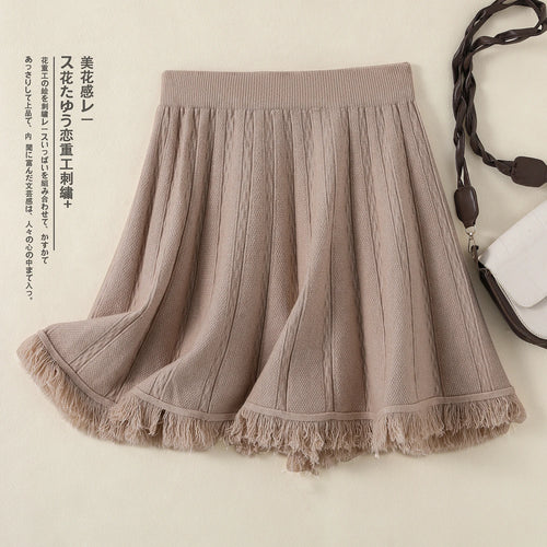 Load image into Gallery viewer, Korean Fashion Autumn Winter Women Solid Tassels Holiday Knitted Short Skirt Vintage High Waist A-line Pleated Half Skirts 2024
