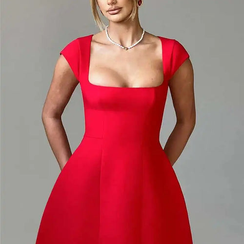 Load image into Gallery viewer, Square Collar Short Sleeve Mini Dress For Women Robe New Fashion Solid A-line Loose High Waist Short Dress Elegant
