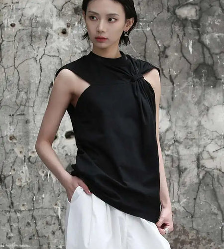 Women Black White Brief Knot Pleated Casual T-shirt New Round Neck Sleeveless Fashion Tide Spring Summer 2025 1DF7979