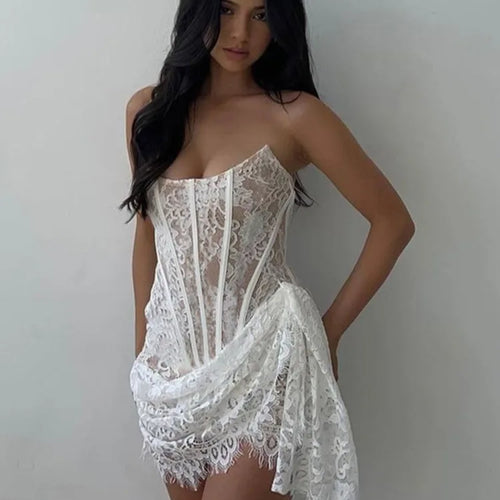 Load image into Gallery viewer, Lace Strapless Ruched Sexy Mini Dress For Women Fashion Fishbone Off-shoulder Sleeveless Backless Club Party Dress
