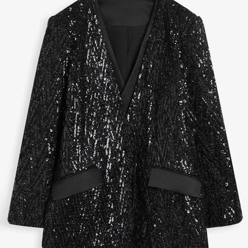 Load image into Gallery viewer, Solid Spliced Sequines Casual Jackets For Women V Neck Long Sleeve Patchwork Pockets Temperament Coat Female New
