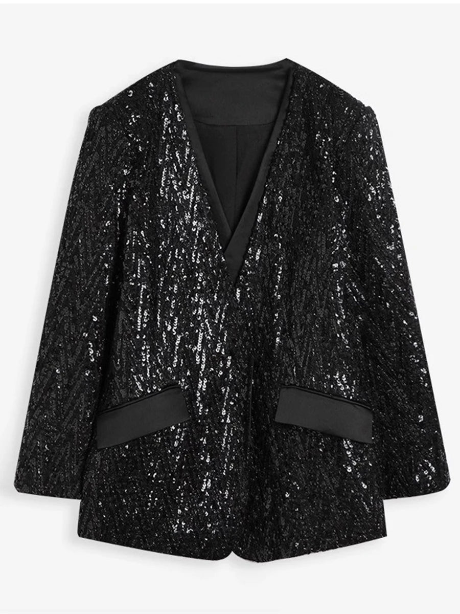 Solid Spliced Sequines Casual Jackets For Women V Neck Long Sleeve Patchwork Pockets Temperament Coat Female New