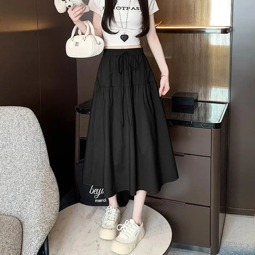 Load image into Gallery viewer, Korean Black High Waist Vacation Slim Pleated Long Skirt Spring Summe Women Khaki Elegant Lace-up Party Skirt Fashion Simplicity
