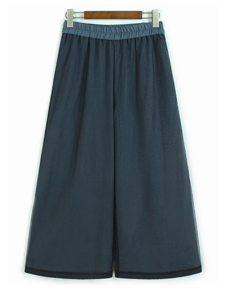 High Elastic Waist Gray Mesh Spliced Casual Wide Leg Pants New Trousers Women Fashion Tide Spring Autumn 20251DJ1438