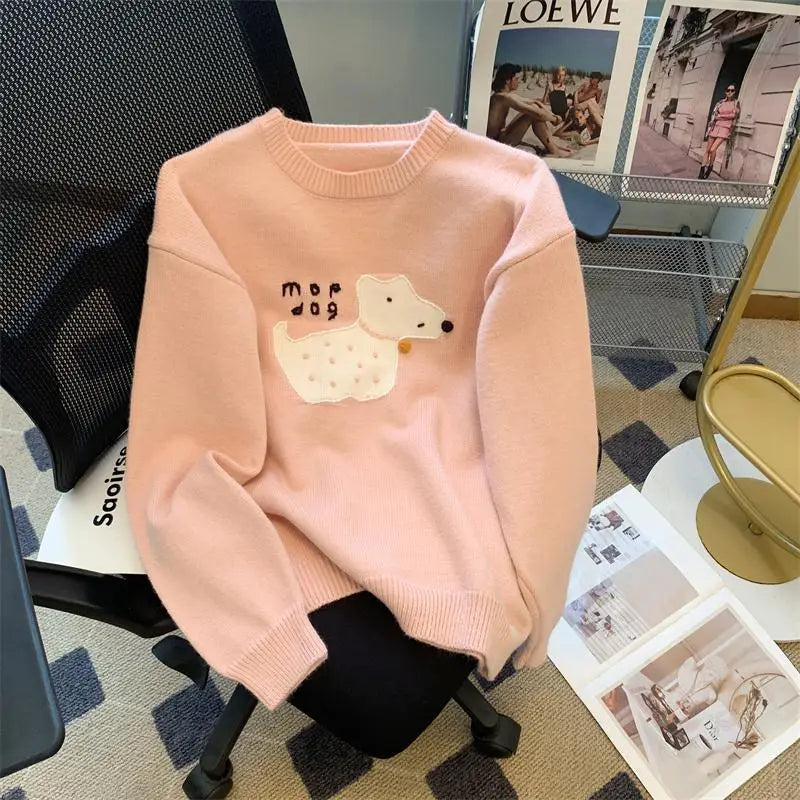 Sweet Beige Pink Puppy Embroidered Casual Sweaters Women Gray Round Neck Warm Long Sleeves Knit Pullover Tops Autumn Winter Chic