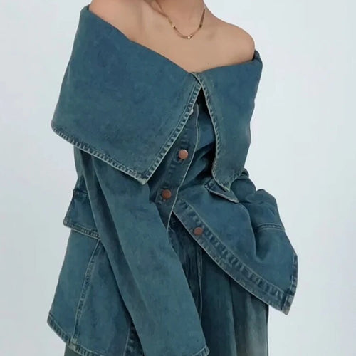 Load image into Gallery viewer, Casual Denim Blouses For Women Slash Neck Long Sleeve Patchwork Single Breasted Vintage Shirt Female Clothing
