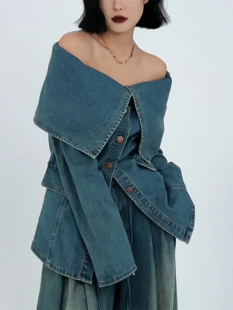 Casual Denim Blouses For Women Slash Neck Long Sleeve Patchwork Single Breasted Vintage Shirt Female Clothing