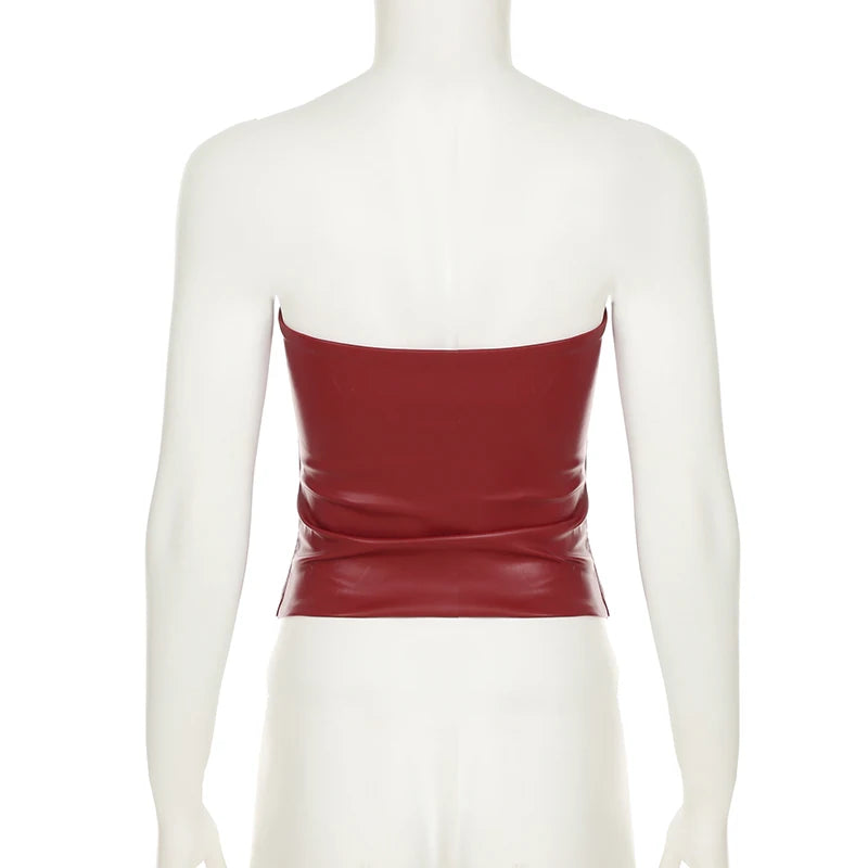 Sexy Solid Wrinkled PU Leather Skinny Tube Camisole Women Summer Street Basic Solid Cropped Tops Y2K Aesthetic Hottie